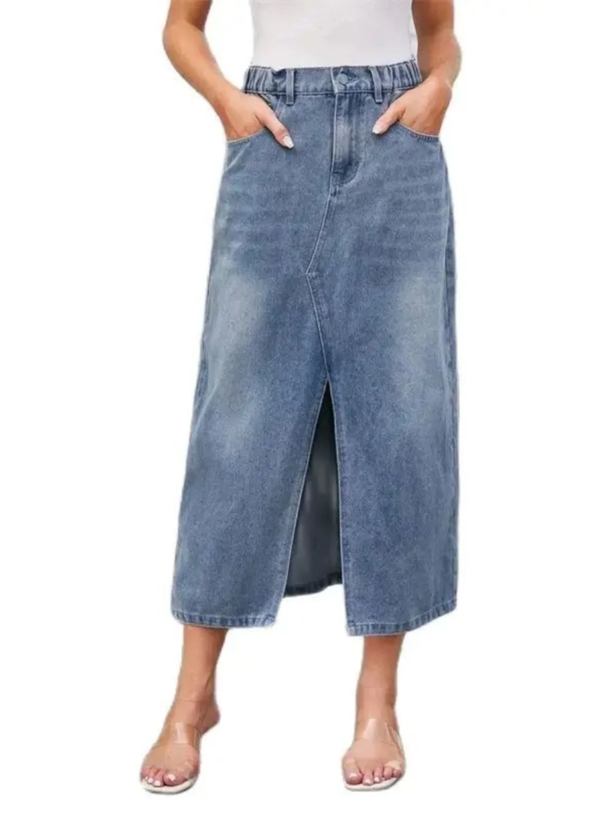 

Женская джинсовая юбка на пуговицах, средней длины, с разрезом, универсальная, длинная, со средней талией, из другой ткани, с другим узором