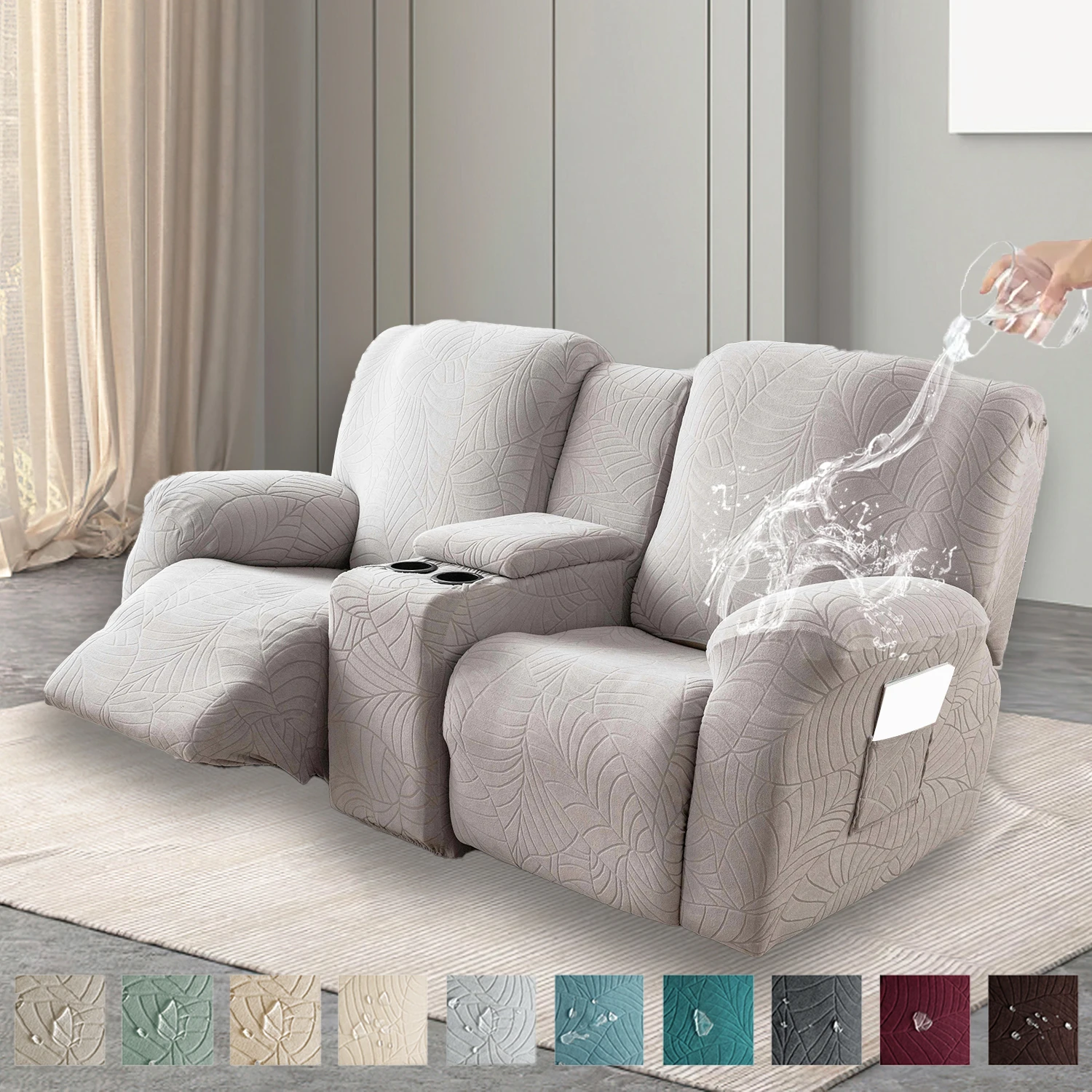 

6Pcs/Set Water Resistant Leaf Texture Jacquard Stretch Recliner Loveseat Center Console Sofa Cover Spandex 2 Seater Sofa Cover