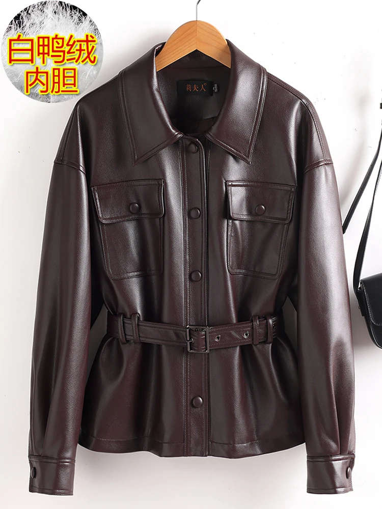 Solid color leather down jacket women's winter new short style lace up waist cinching lapel collar thick leather jacket