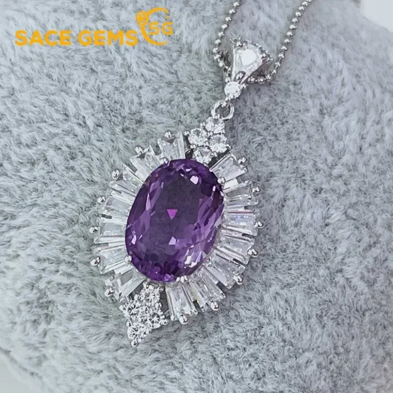 

SACE GEMS Luxury 100% S925 Sterling Silver 10*14MM Natual Amethyst Pendant Necklace for Women Cocktail Party Fine Jewelry Gift