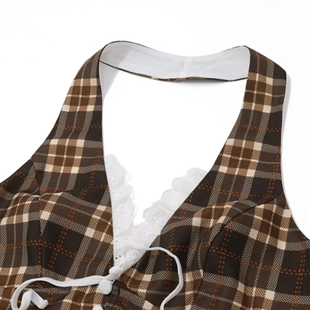 Women's Halterneck Plaid Print Crop Top V-neck Backless Lace Slim Tank Top with Bow Embellishment image 6