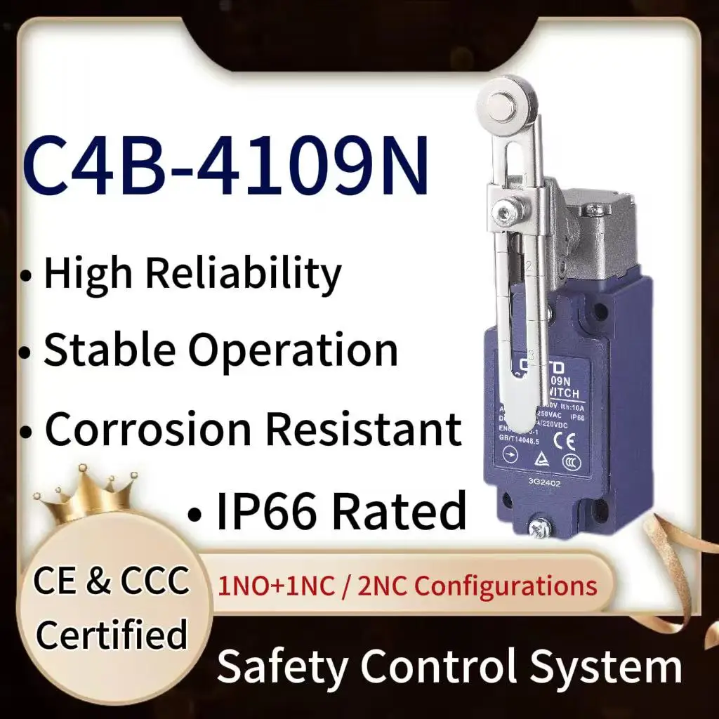 

CNTD C4B-4109N Industrial Adj Metal Ball Roller Lever Limit Switch IP66 1NC 1NO Snap Action AC250V 6A DC220V 0.3A CE TUV CCC