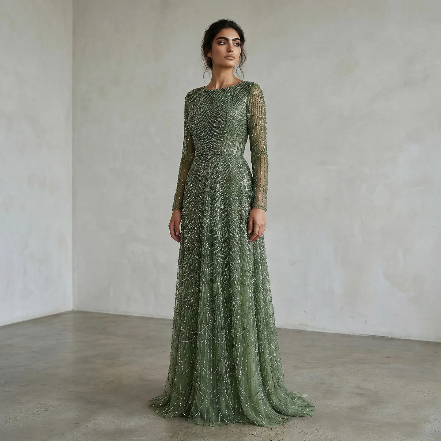 Sharon Said Luxuriöses Dubai-Abendkleid mit grünen Perlen und langen Ärmeln, Saudi-Arabisches Damen-Hochzeitskleid, formelle Partykleider SS625, maßgeschneidert – Detail 6
