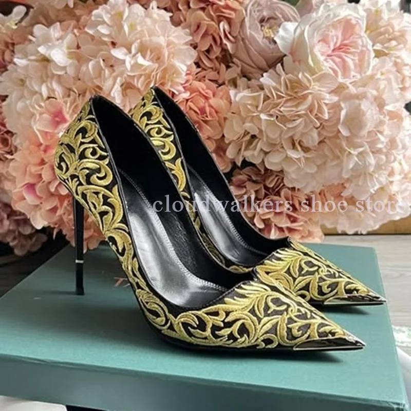

Floral Gold Silk Embroidered Wrapped Metal Pointed Toe Pumps Black Mature Style Stiletto Pumps Sexy Ladies Party Evening Shoes