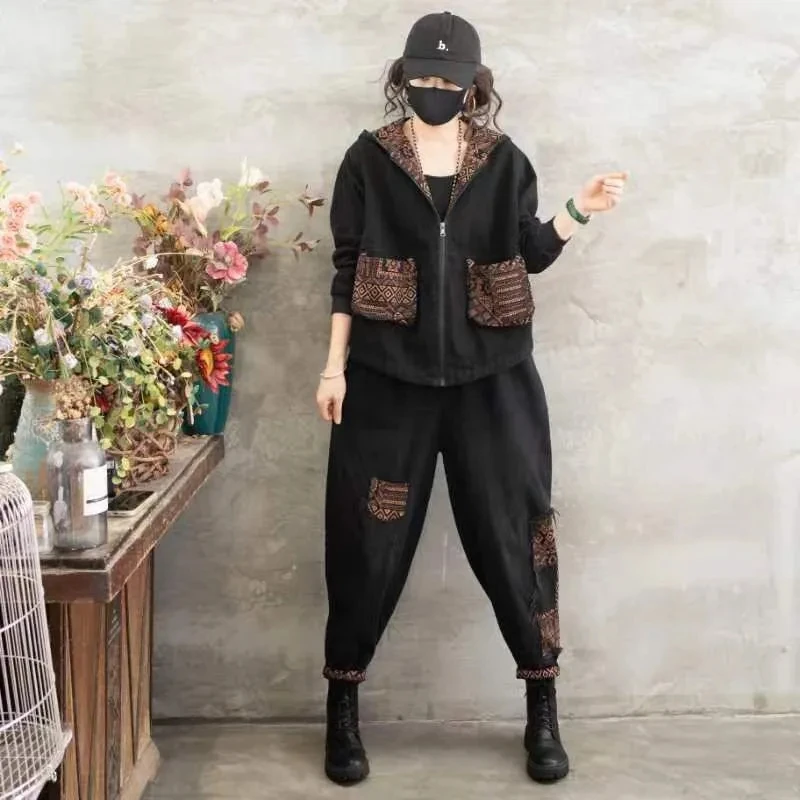 NEW Spring Autumn Denim Pants Two Piece Set Women Retro Casual Hooded Jeans Jacket Suit Femael Large Size Denim Coat Outfit 2PCS