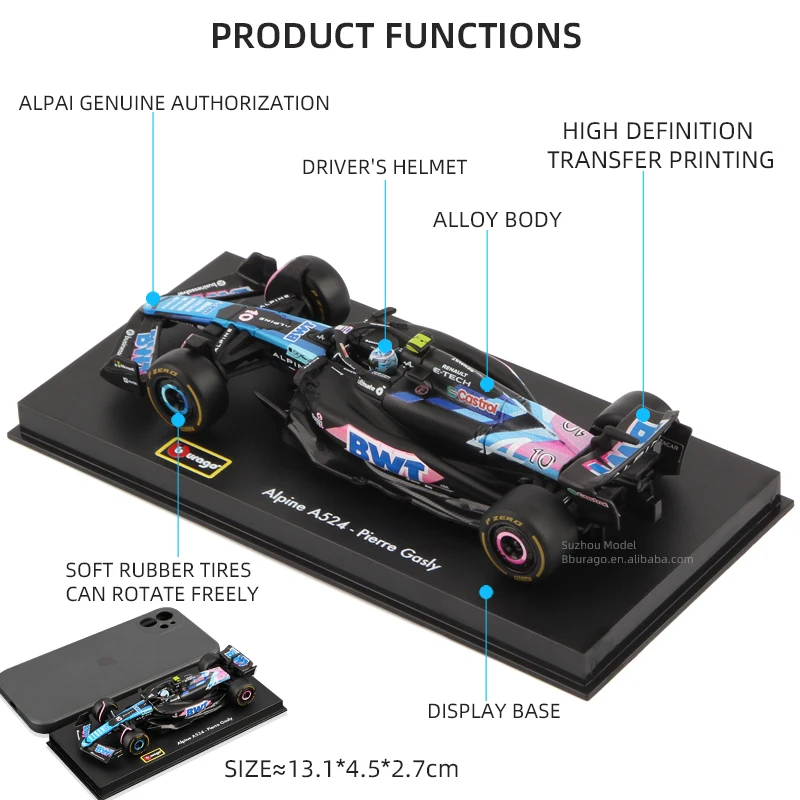 Bburago 1:43 Alpine F1 A524 com capa protetora contra poeira de figura de motorista 2024 modelo de carro de liga fundida # 10 brinquedos Pierre Gasly Ocon colecionáveis