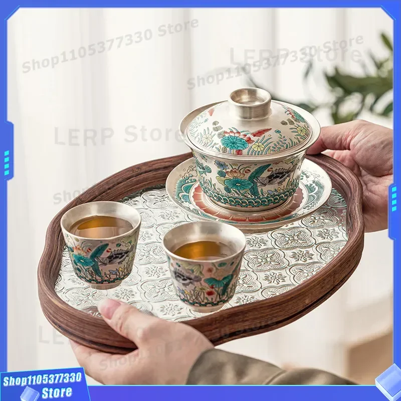999 Silver Sancai Lidded Bowl with Fish Algae Pattern High End Chinese Kung Fu Tea Set Anti Scalding Household Single Cup