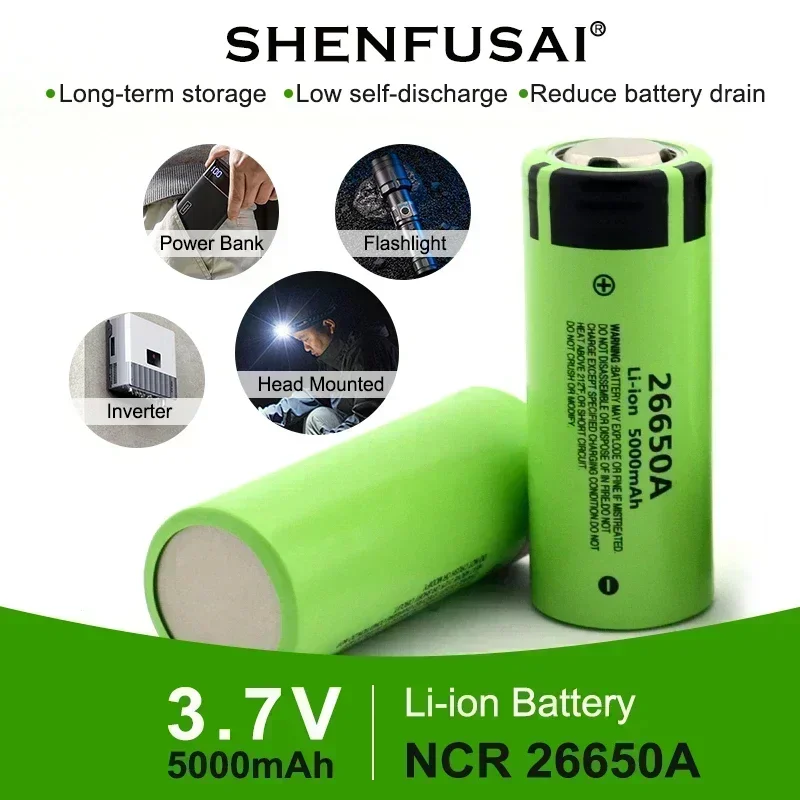 Original 26650A 20A discharge 3.7V 5000mAh rechargeable lithium battery suitable for flashlight LED headlights