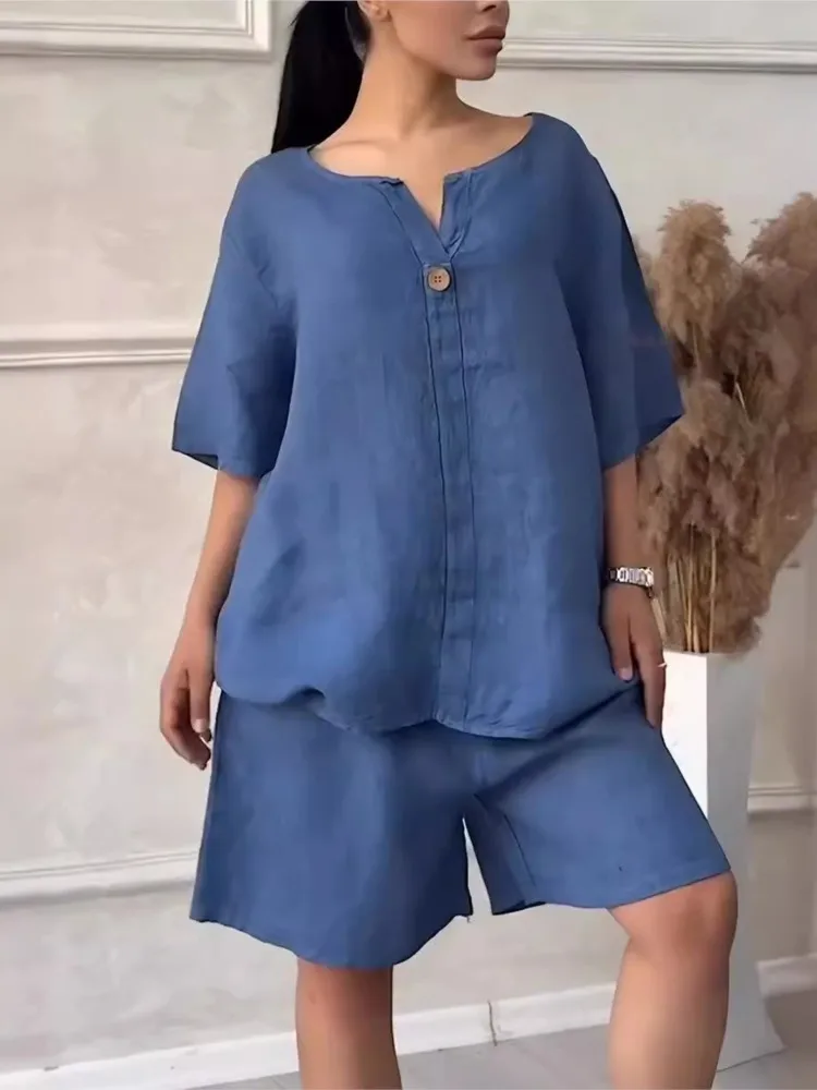 

Casual V Neck Top Set Lady Fashion Short Sleeve Button Loose Pullover Tops Shorts Two Piece Sets For Women Sports Clothes Summer