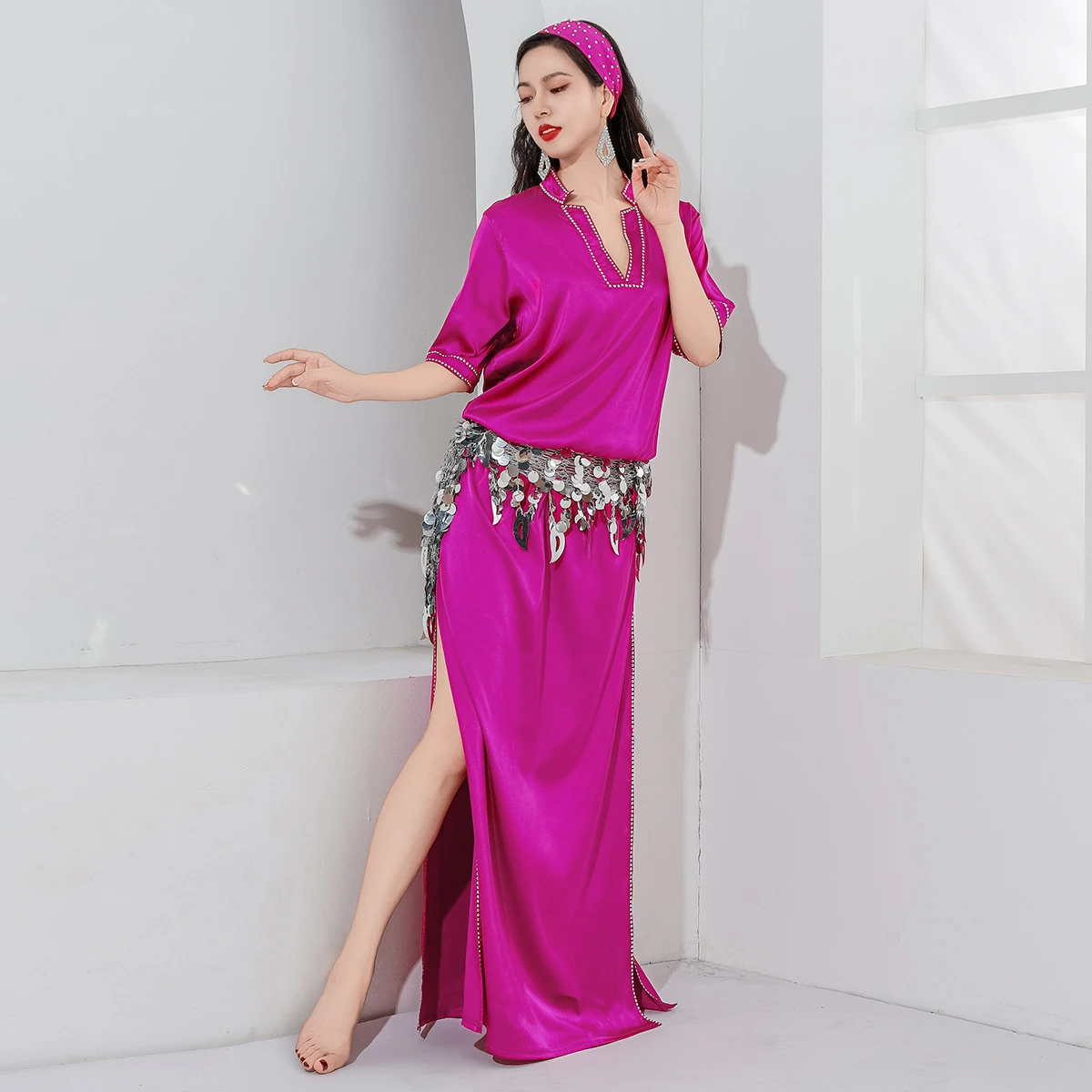 أداء الرقص الشرقي زي رداء قطعة واحدة فساتين شابي ممارسة البدلة بلدي أداء الرقص الشرقي زي 4 قطعة/3 قطعة #4