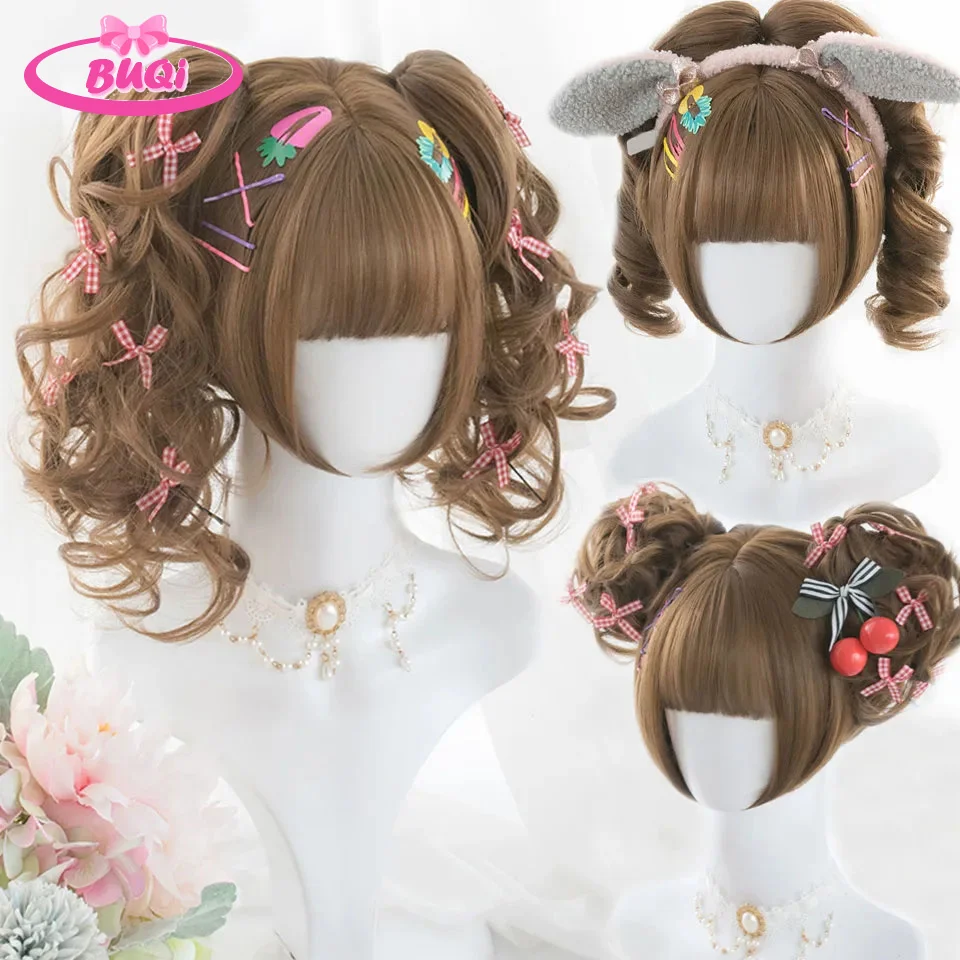 BUQI Synthetic Lolita Wig Women's Short Bob Rainbow Hair Color Lolita Cute JK Spot Dyed Short Curly Hair Wigs For Women heat-res