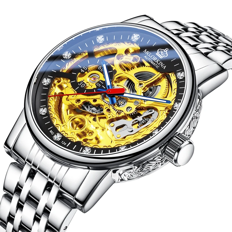 

2025 New Fashion Mechanical Watch for Men Luxury Gold Hollow Automatic Watches Mens Stainless Steel Waterproof Skeleton Clock