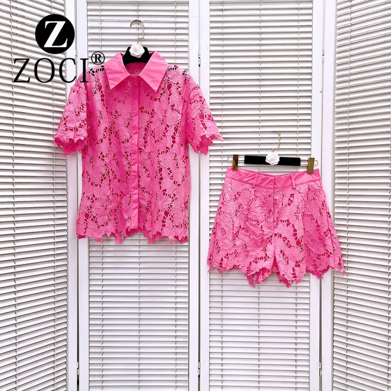 [ZOCI] Women niche design sense lace embroidery lapel short sleeved hollow shirt top casual shorts two-piece set women