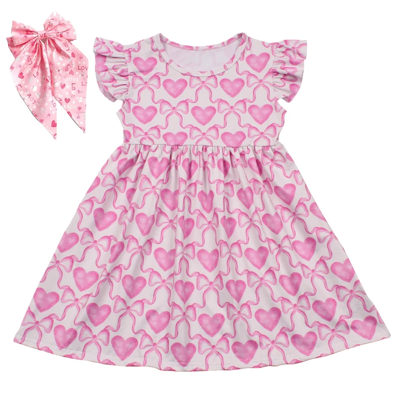 สาวน้อยมีสไตล์ชุดวันวี Disney รูปแบบน่ารักเด็กวัยหัดเดินชุดหัวใจสีชมพู Bowknit Castle พิมพ์เสื้อผ้าด้วยโบว์ใหญ่