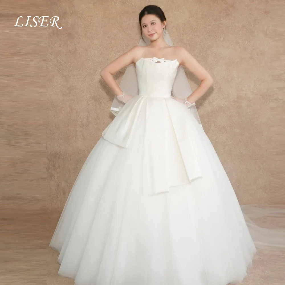 Liser Trägerloses Brautkleid mit Schleife im süßen koreanischen Stil, Satin-Seide, A-Linie, langes Brautkleid für Fotoshootings, elegant, maßgeschneidert