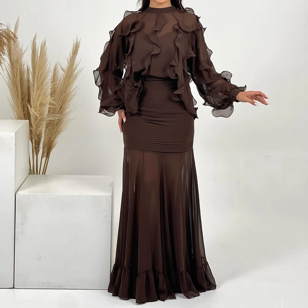 

Customized A-line Evening Dresses Floor-length High-neck Full Sleeve Prom Gown Fashion Ruched Simple Draped Casual Party Gown