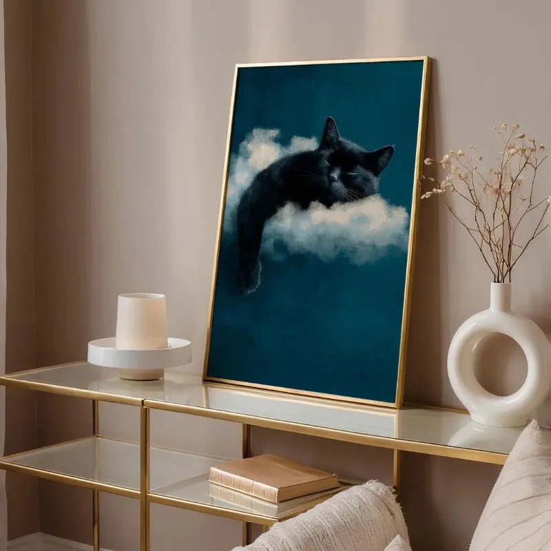 Black Cat Sleeping on A Cloud Poster Abstract Modern Fantasy Funny Animal Canvas Painting Wall Art for Living Room Home Decor