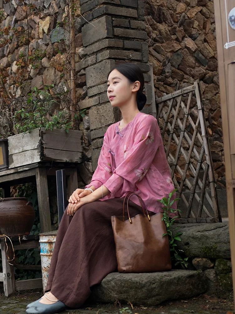 

Художественная китайская женская блузка с принтом, на пуговицах, с воротником, дышащая, влагоотводящая, антистатическая