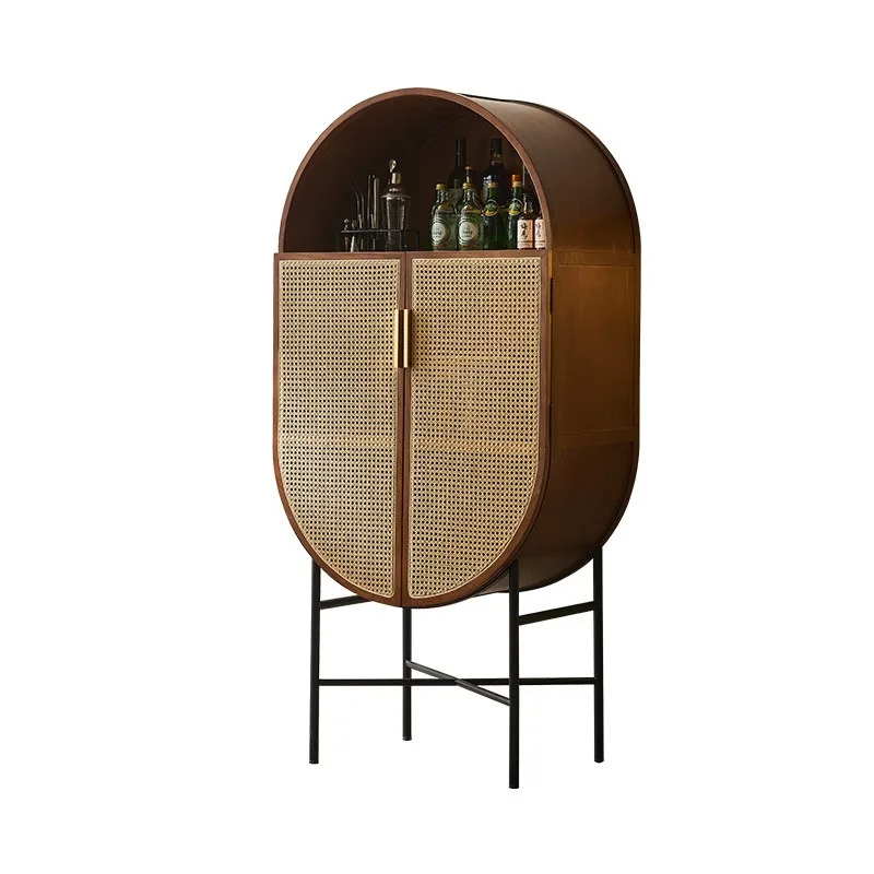 Japanese-style rattan-woven solid wood dining side cabinet, log style storage side cabinet