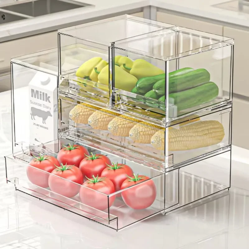 Stackable Transparent Plastic Kitchen Drawer Fridge Organizer Bins Easy Food Storage Containers for Category Division