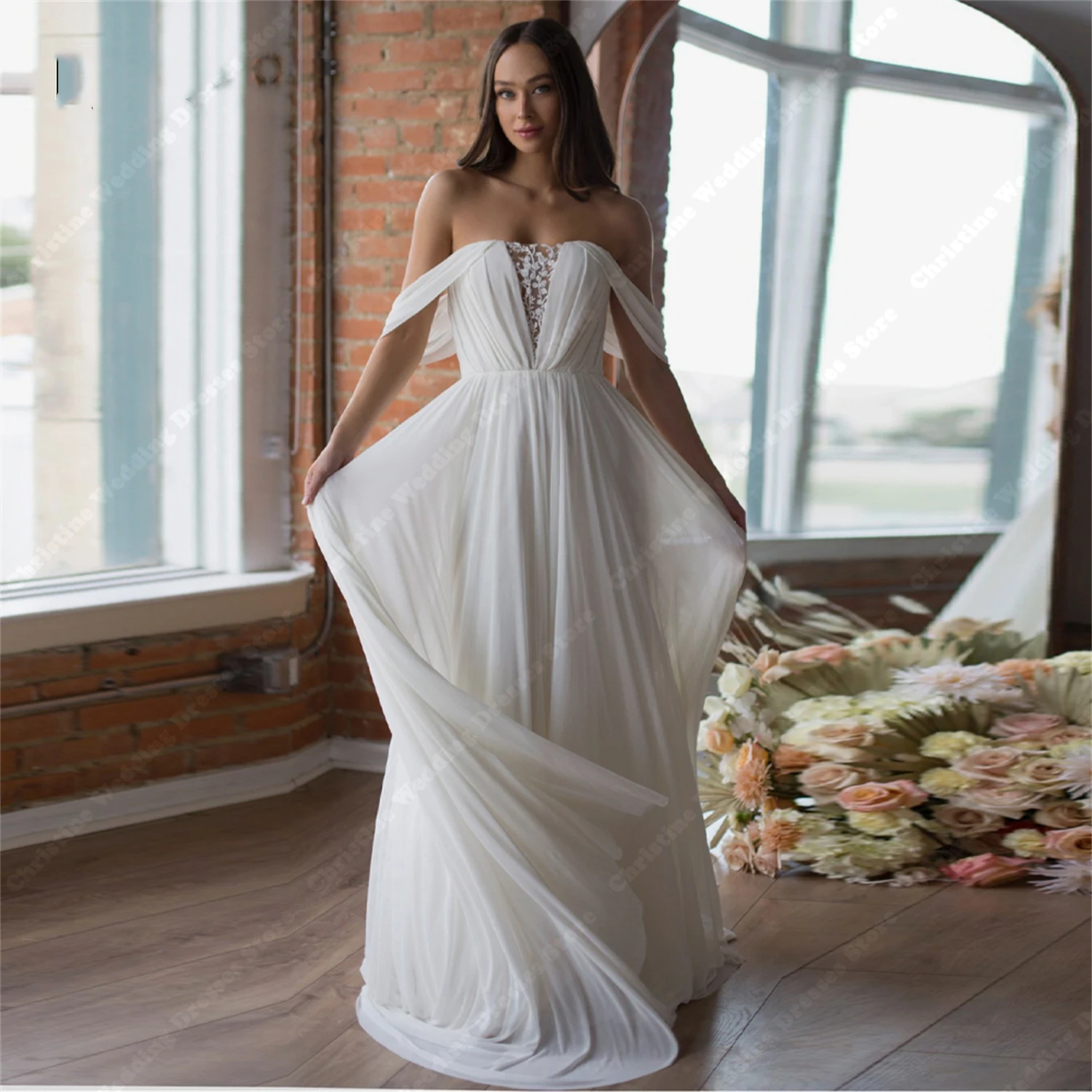 Simple Off The Shoulder Wedding Dresses 2024 Women Chiffon Boho Hot Sale Plus Size Bridal Gowns Newest Mopping Length Lady Robes