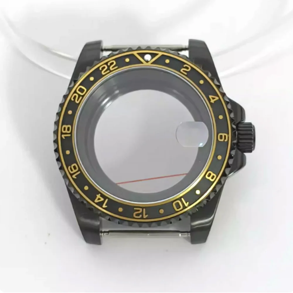 

40MM PVD Black Steel Watch Case Flat / Magnifying Lens Sapphire Crystal GMT Bezel Sealed/ Transparent Bottom for NH35/NH36 Movt