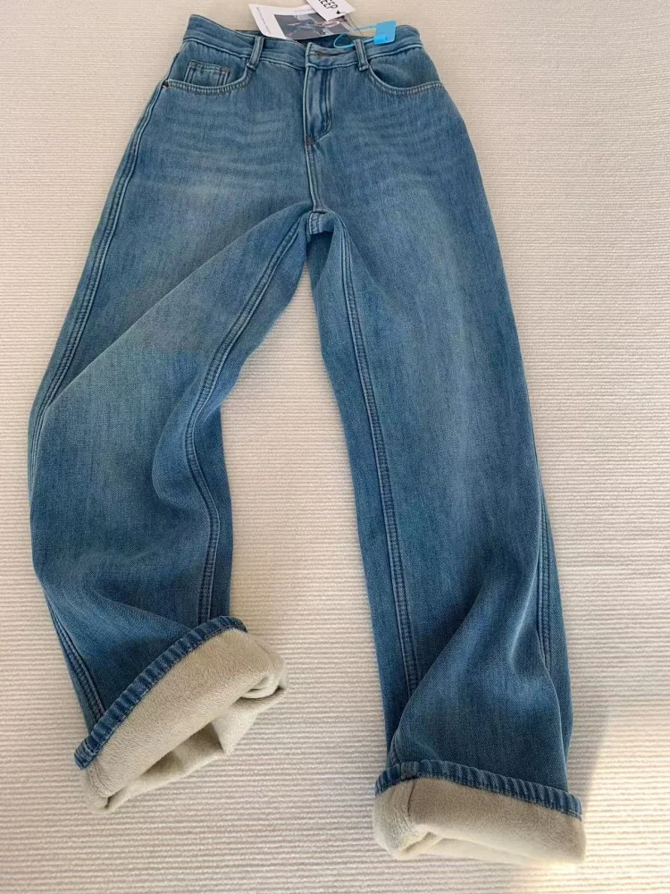 plus Size Fce Lined Thi Denim Jeans Women's Winter High Waist Straight Leg Wide Leg Pants Casual Wear Comfortable Fit