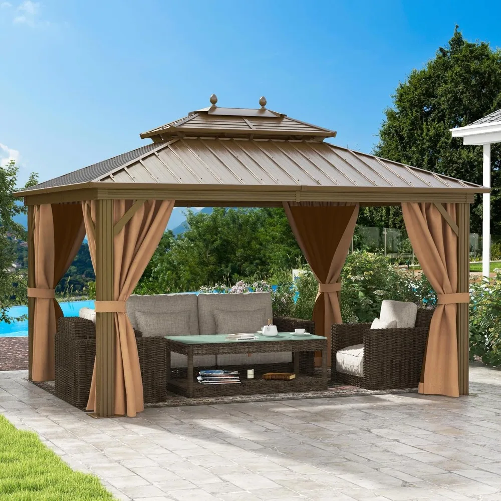 

10x12ft Hardtop Gazebo with Nettings and Curtains, Heavy Duty Double Roof Galvanized Steel Outdoor Combined of Horizontal