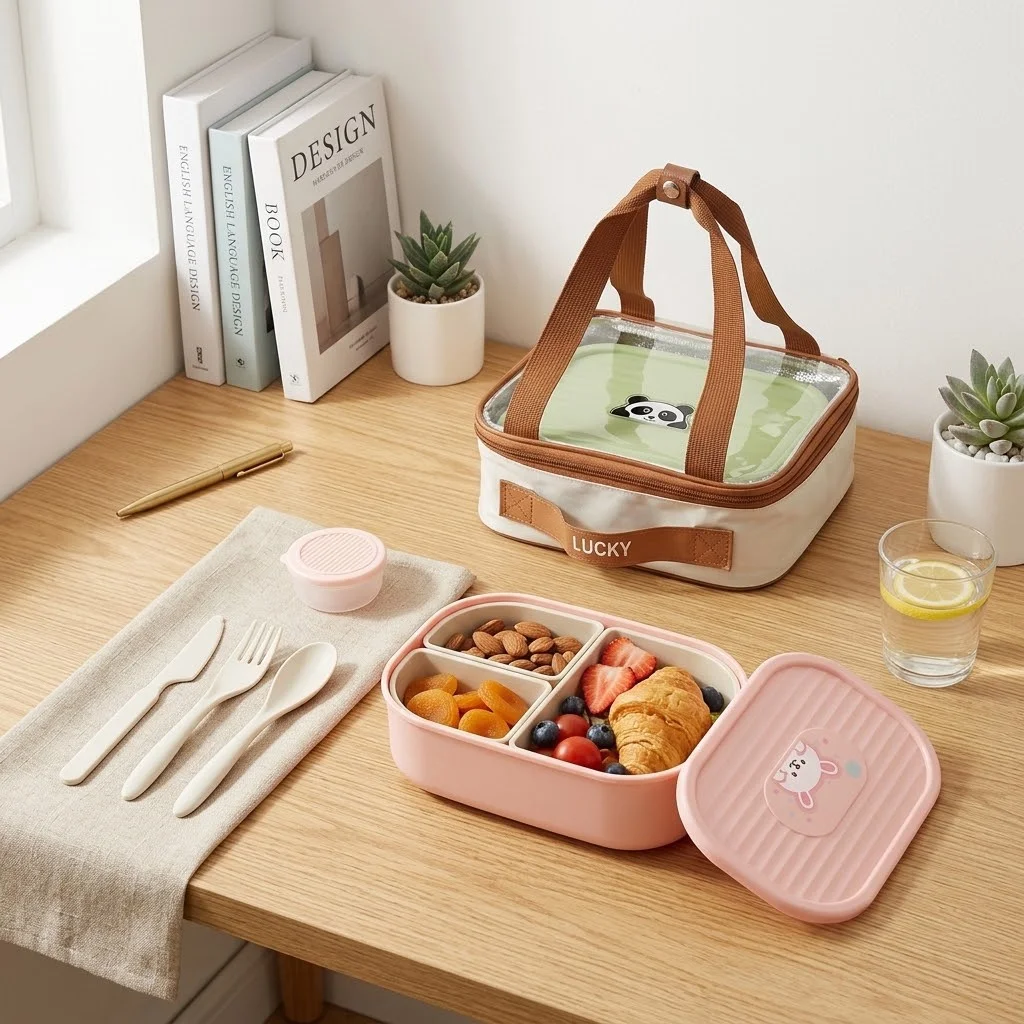 Kids Lunch Box 3 Compartment Bento Box Plastic Microwavable Divided Food Storage Containers For School Adults Cartoon Snack Box