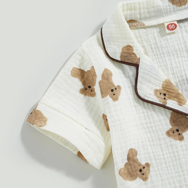 

Children s Nightwear Set with Cute Cartoon Bear Design Short Sleeve Button T-shirt and Elastic Shorts Pajama for Boys and