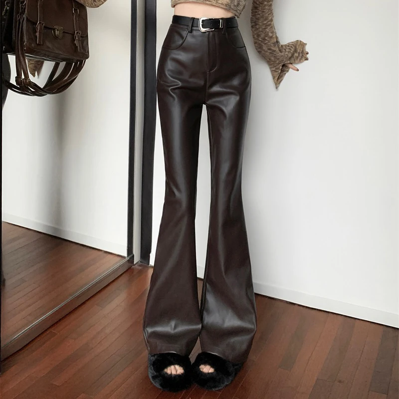 

Thick PU Leather Pants High Waist 2024 Winter New Style Slim Fit Slightly Flared Pants For Women's Clothing Fashion Versatile