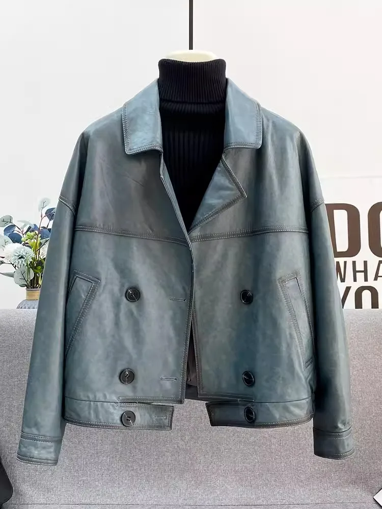 Spring New Women Double Breasted Genuine Leather Jacket Lapel Collar Loose Fit Real Sheepskin Coat Casual Motorcycle Outerwear