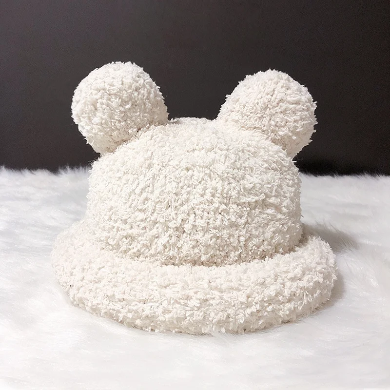 Women's Plush Mouse-Ear Beanie Hat for Autumn/Winter Warm Pull-Over Bucket Hat for Shopping Trips Cotton-Lined Hat