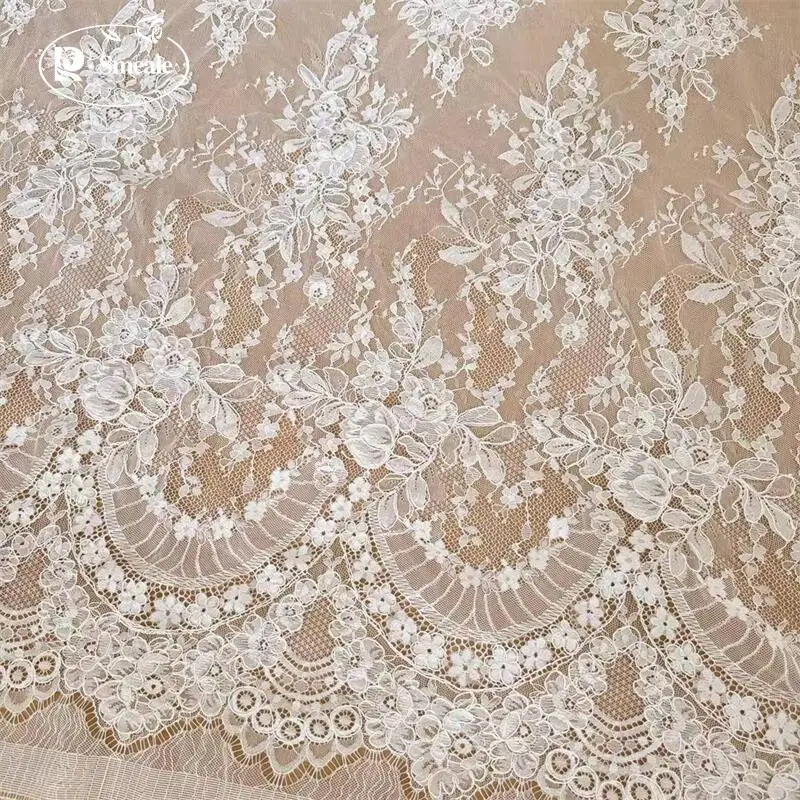 300CM X 150CM.French Large Flower Border Embroidery Lace Fabric.Couture Bride Wedding Gown Fabric Embroidery