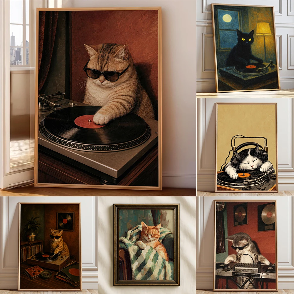 DJ Cat Poster Retro Turntable Music Wall Art Prints Funny Cat Playing Record Player Print Vintage Cool Cat Art Canvas Painting