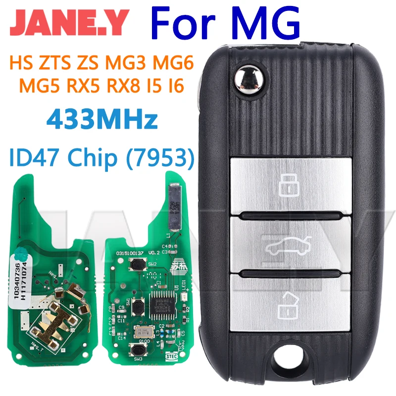 For MG HS ZTS ZS MG3 MG6 MG5 RX5 RX8 I5 I6 Auto Remote Control Key 433Mhz ID47 Chip (7953) 3 Buttons Flip Folding Key Car Key