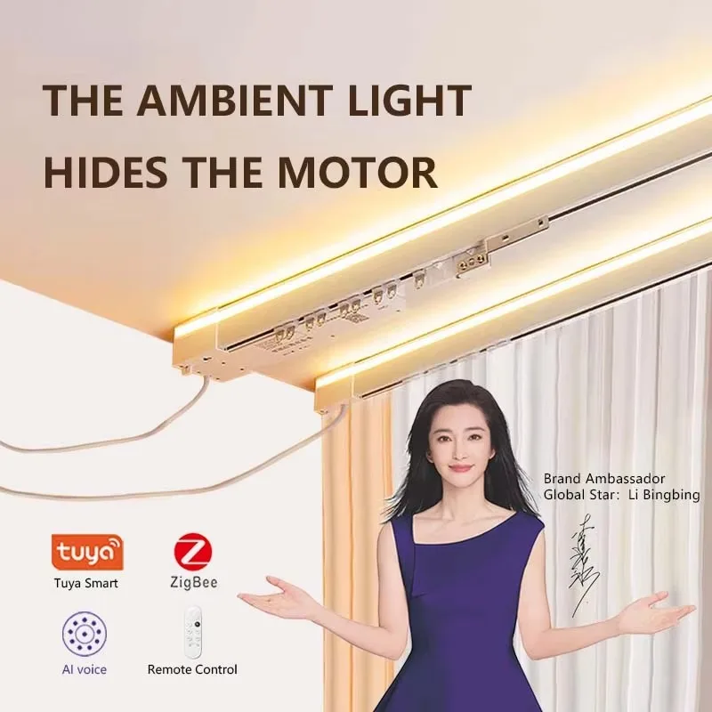 Smart Home Electric Curtain Rail Plastic Features Atmosphere Light Belt Model Aluminum Alloy Curtain Track Intelligent Motor