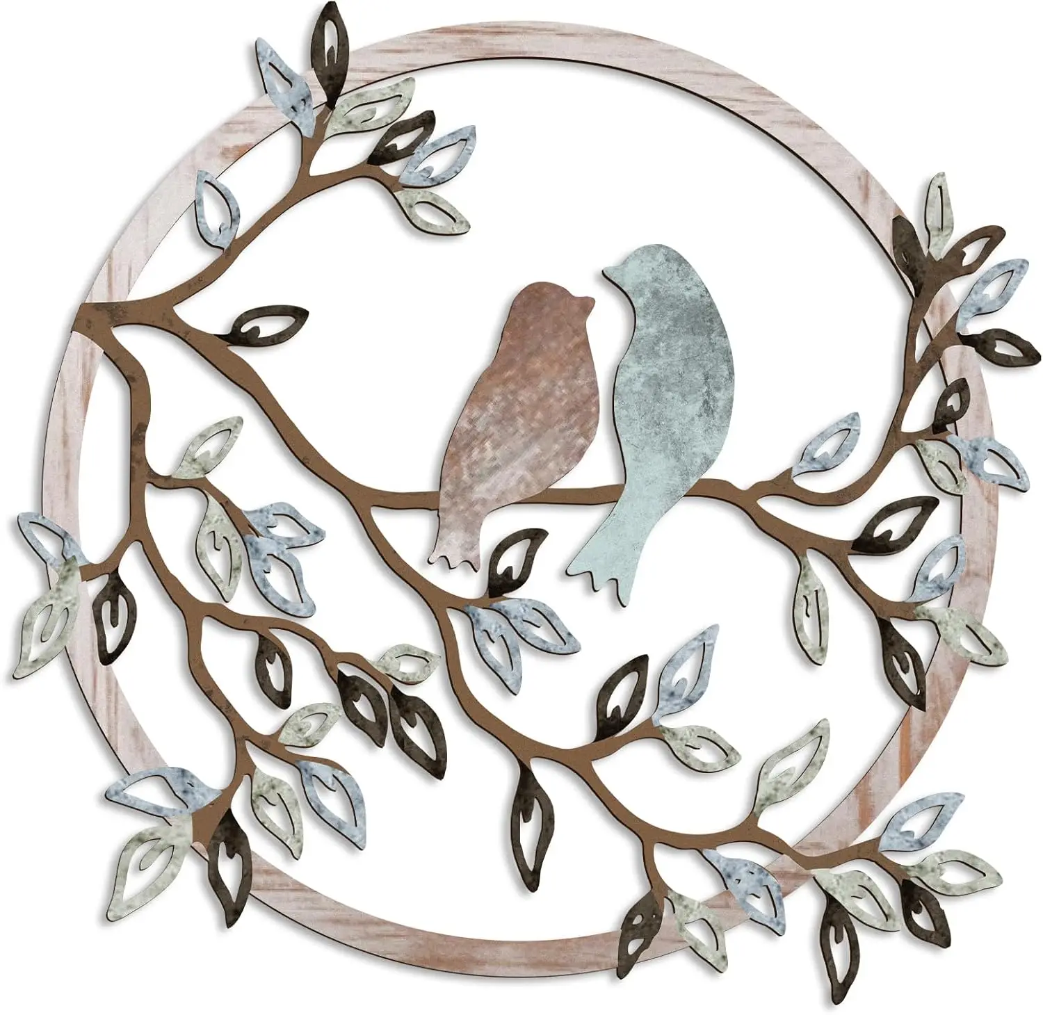 Arte de pared de metal con diseño de pájaro en rama, decoración de silueta redonda de 11.8 pulgadas para sala de estar y jardín
