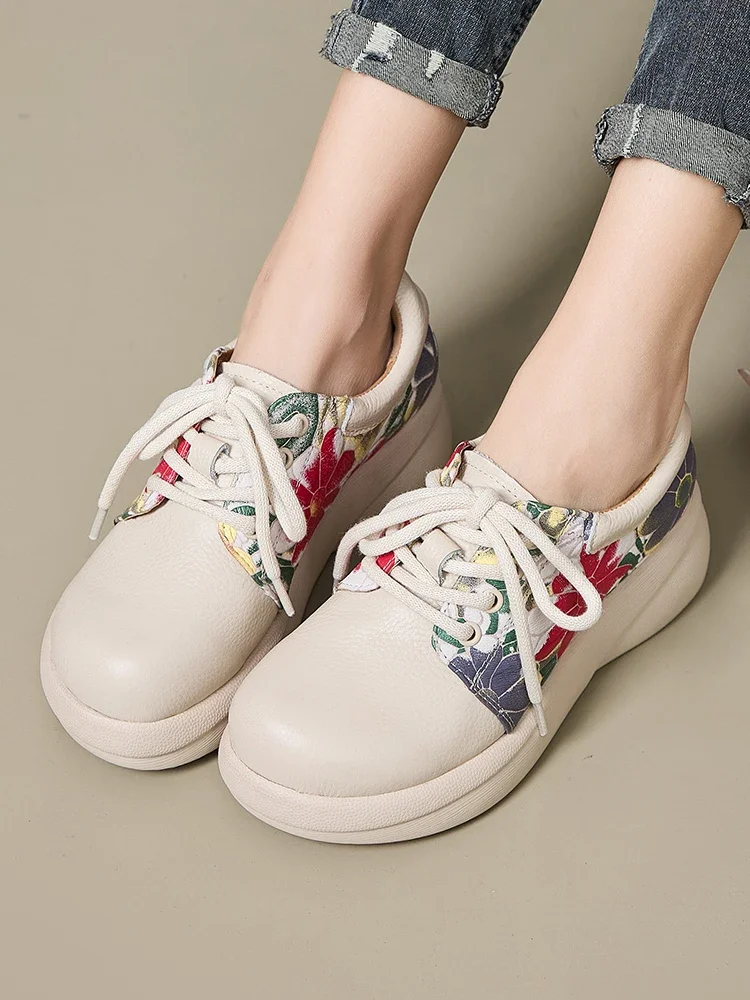 

Birkuir Retro Lace Up Flat Platform Thick Heel Shoes For Women Genuine Leather Flat Heel Luxury Printing Flowers Shoes Ladies