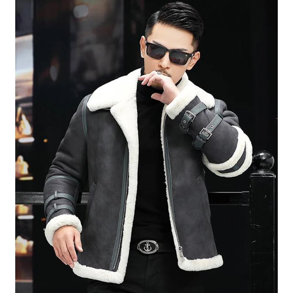 Denny&Dora Mens Shearling Jacket Short Sheepskin Coat Light Gray Leather Jacket