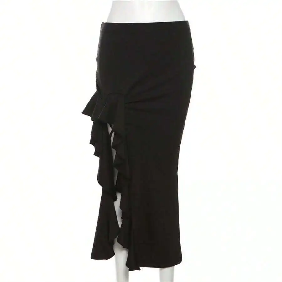 

Womens Summer Bodycon Midi Skirt High Waist Thigh Split Ruffle Elegant