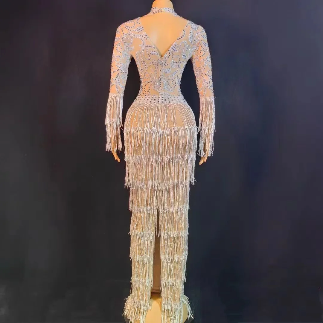 Robe de Soirée en Dentelle Transparente avec Glands Personnalisés, Tenue à Manches Courtes, Haute artificiel asticité, Paillettes, Sexy, Moulante, pour Spectacle sur Scène