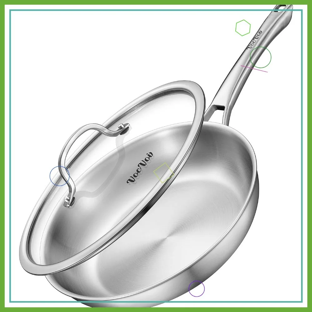 

12-Inch Tri-Ply Stainless Steel Frying Pan with Lid, PFOA & PTFE Free, Dishwasher & Oven Safe, Works on Induction