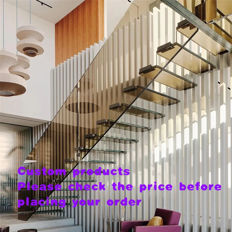 custom.CBMmart High-End Modern Carbon Steel Beam Floating Stairs Interior Glass Tread Steel Grill Guardrail Stairc