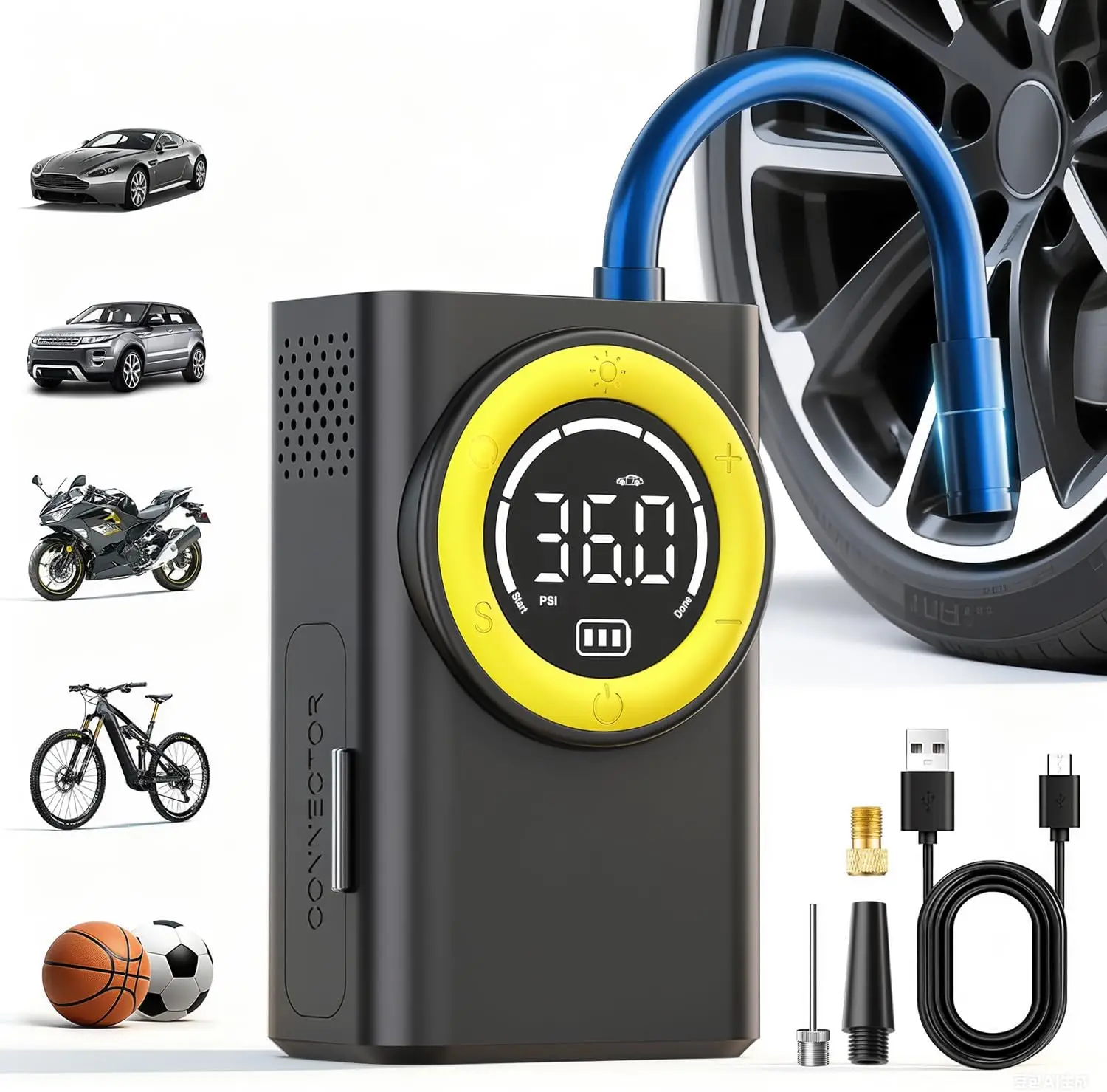 

Portable Tire Inflator 150 PSI Cordless Air Pump with Digital Gauge & LED Light, 5X Faster for Car, Motorcycle, Bike, Ball