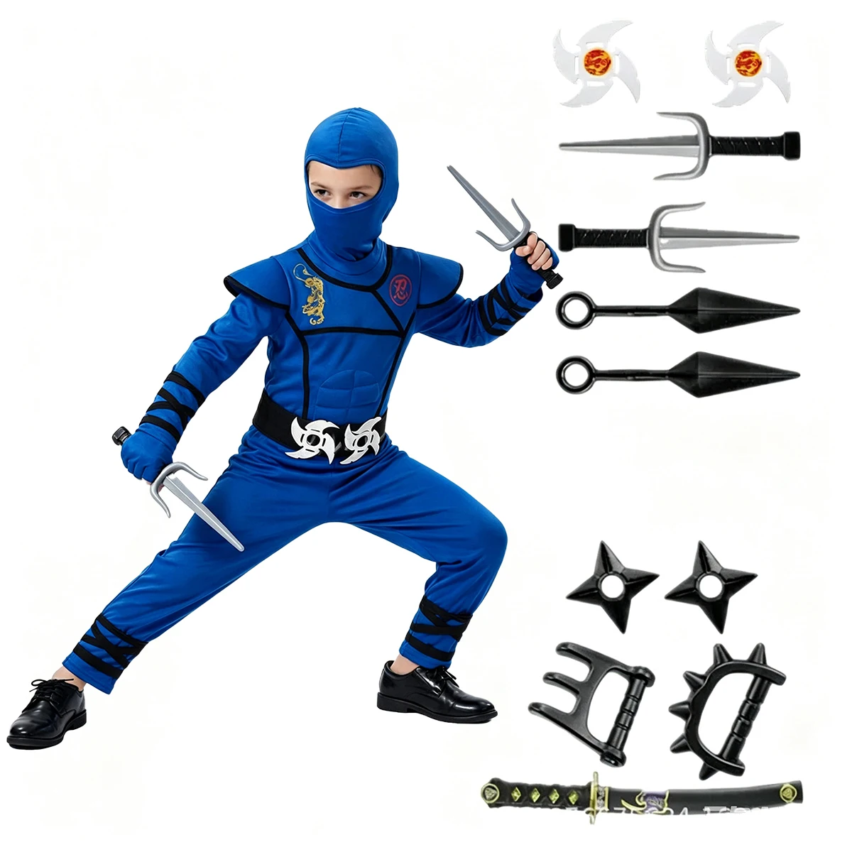 Ninja Samurai Blue Costume Set for Kid Halloween Cosplay with Sword Accessories NewYear Performance PartyJapanese Warrior Outfit