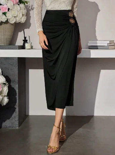 

Women's Midi Skirt Summer New Elegant Temperament Style Rose Metal Buckle Decoration High Waist Pleated Hip Hugging Skirt