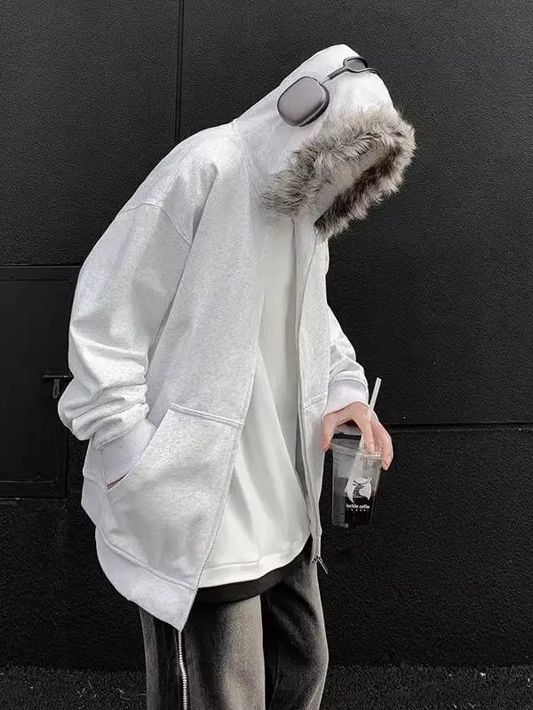 

Ретро-кардиган в американском стиле, свободный, простой, с капюшоном, на молнии, с меховым воротником, универсальный, для пар, в стиле Гонконга