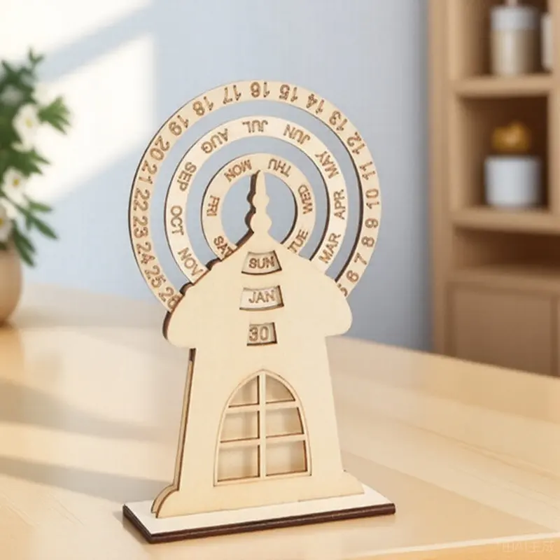 

Wooden Perpetual Calendar Ferris Wheel Shaped Desktop Decor for Home Office Tabletop Date Tracker Block Calendar
