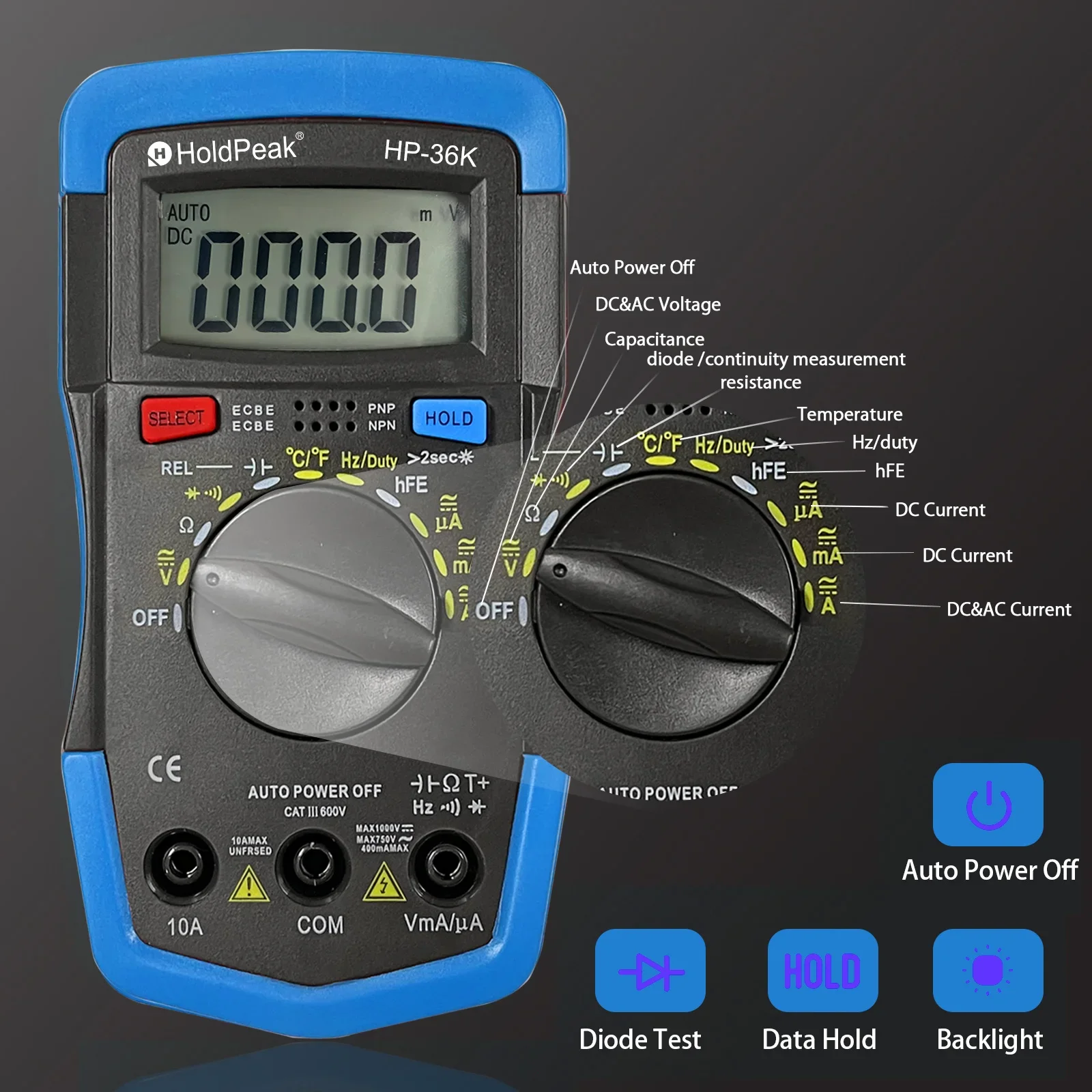 HoldPeak HP-36K Mini Multimeter Multimetro AD/DC Auto Range Digital Multimeter Meter/ Portable Digital Multimeter